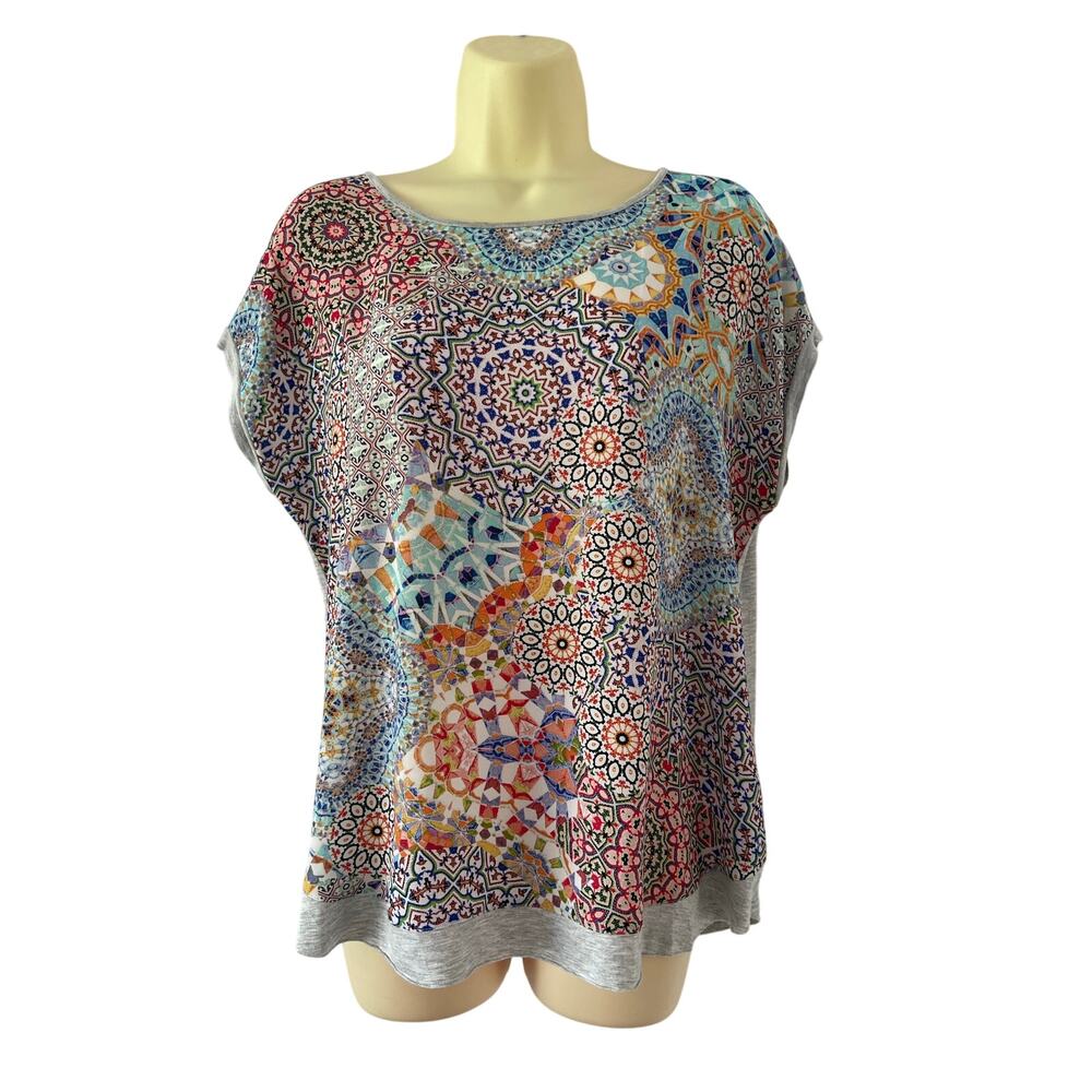 Spense Colorful Kaleidoscope Print Blouse Gray Knit Back Petite XL Pullover